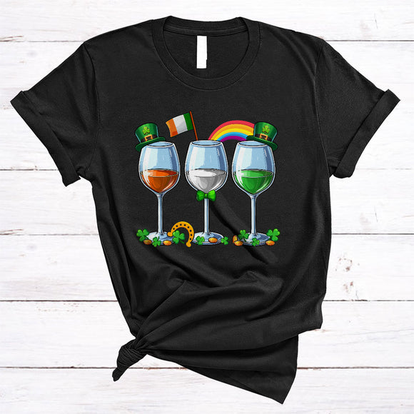 MacnyStore - Three Wine Glasses Ireland Flag, Amazing St. Patrick's Day Shamrock, Wine Drinking Team T-Shirt