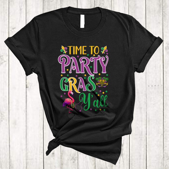MacnyStore - Time To Party Gras Y'all, Adorable Mardi Gras Flamingo Wearing Beads, Family Parade Group T-Shirt