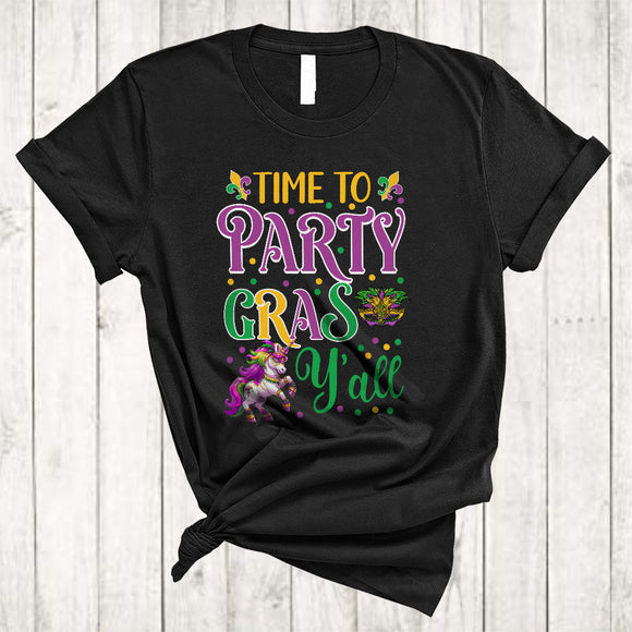 MacnyStore - Time To Party Gras Y'all, Adorable Mardi Gras Unicorn Wearing Beads, Family Parade Group T-Shirt