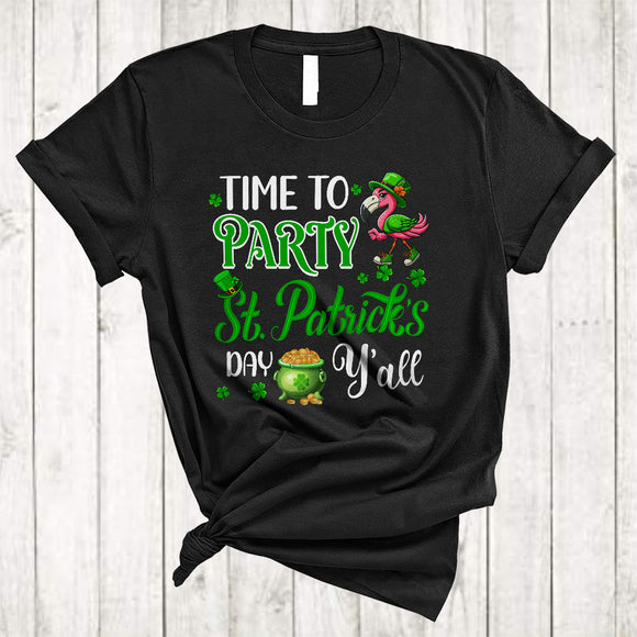 MacnyStore - Time To Party St. Patrick's Day Y'all, Adorable St. Patrick's Day Flamingo, Family Irish Shamrock T-Shirt