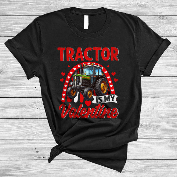 MacnyStore - Tractor Is My Valentine, Awesome Valentine's Day Tractor Lover, Hearts Plaid Rainbow T-Shirt