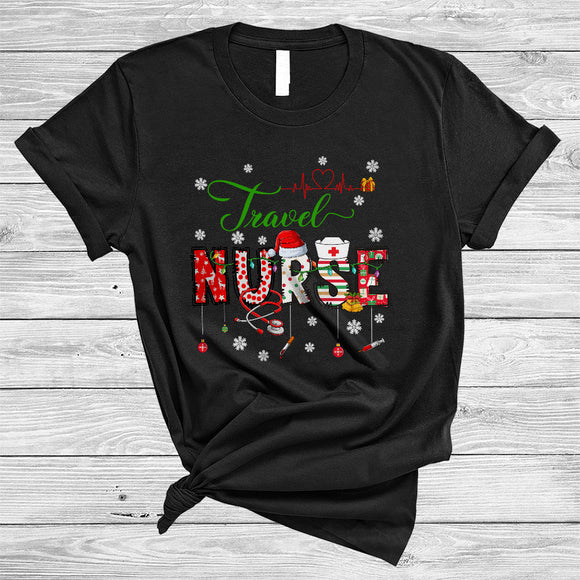 MacnyStore - Travel Nurse, Colorful Christmas Santa Nurse Crew Team, Matching X-mas Pajama Family Group T-Shirt