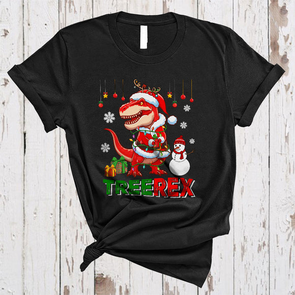 MacnyStore - TreeRex, Cheerful Christmas Santa Reindeer T-Rex With Snowman, X-mas Lights Dinosaur Lover T-Shirt