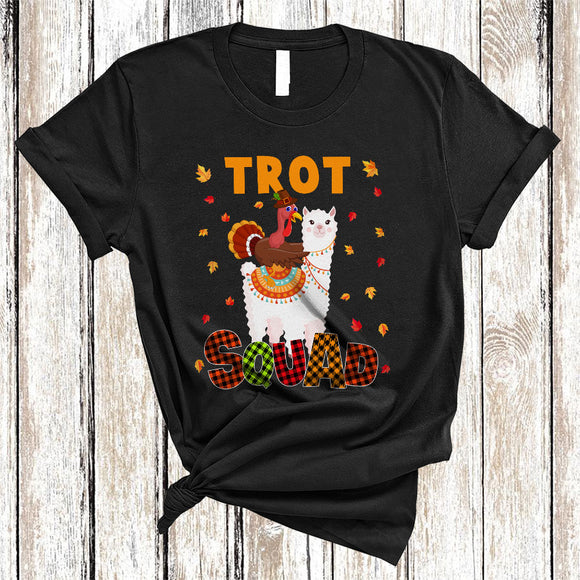 MacnyStore - Trot Squad, Funny Turkey Riding Llama, Plaid Thanksgiving Running Runner Turkey Lover T-Shirt