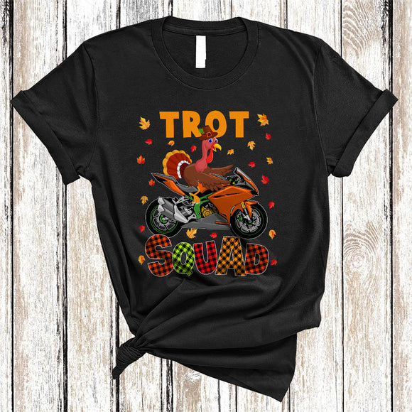 MacnyStore - Trot Squad, Funny Turkey Riding Motorbike, Plaid Thanksgiving Running Runner Turkey Lover T-Shirt