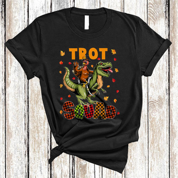 MacnyStore - Trot Squad, Funny Turkey Riding T-Rex, Plaid Thanksgiving Running Runner Turkey Lover T-Shirt