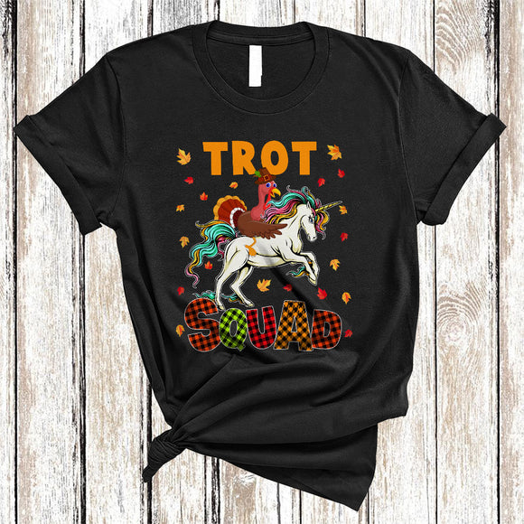 MacnyStore - Trot Squad, Funny Turkey Riding Unicorn, Plaid Thanksgiving Running Runner Turkey Lover T-Shirt