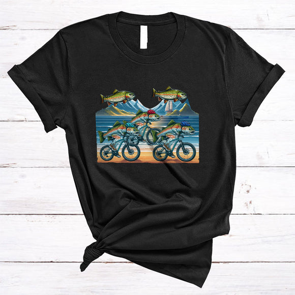 MacnyStore - Trout Fish  Riding Bicycle, Humorous Sea Animal Lover, Bicycle Riding Friends Family Group T-Shirt
