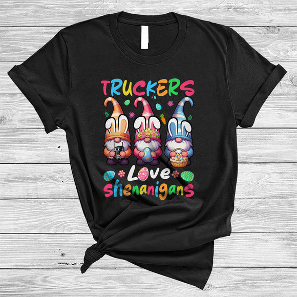 MacnyStore - Truckers Love Shenanigans, Lovely Easter Day Three Gnomes Bunny, Trucker Group T-Shirt