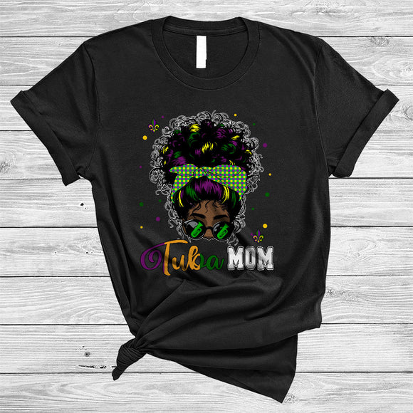 MacnyStore - Tuba Mom, Cool Mardi Gras Messy Afro Bun Hair Women, Black African Musical Instruments T-Shirt