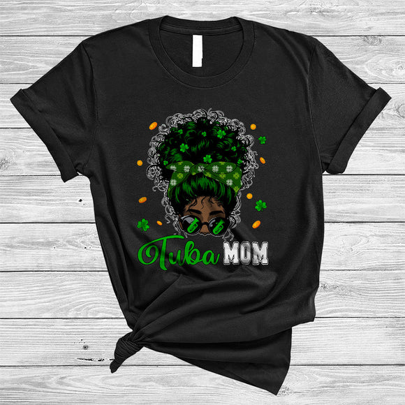 MacnyStore - Tuba Mom, Cool St. Patrick's Day Messy Afro Bun Hair Women, Black African Musician Shamrock T-Shirt