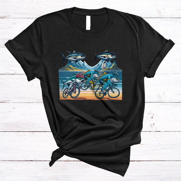 MacnyStore - Tuna Riding Bicycle, Humorous Sea Animal Lover, Bicycle Riding Friends Family Group T-Shirt