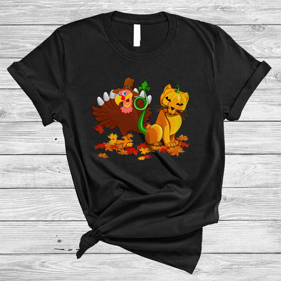 MacnyStore - Turkey With Cat Pumpkin, Awesome Thanksgiving Pumpkin Kitten Turkey Lover, Fall Leaf Pumpkin T-Shirt