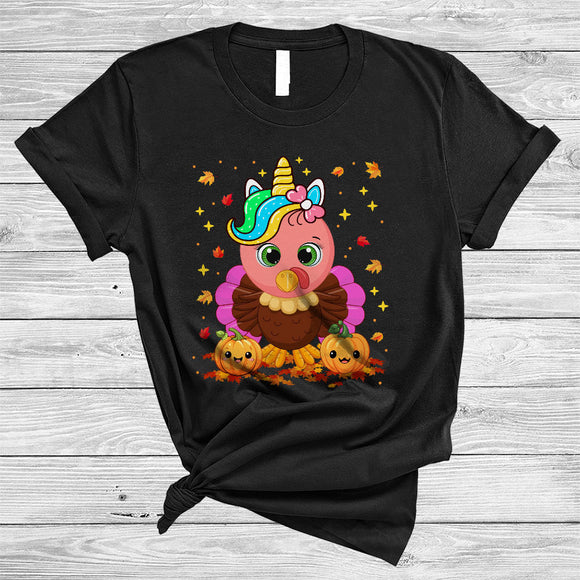 MacnyStore - Turkey With Unicorn Face, Lovely Thanksgiving Turkey Unicorns, Girl Women Fall Leaf Pumpkin T-Shirt
