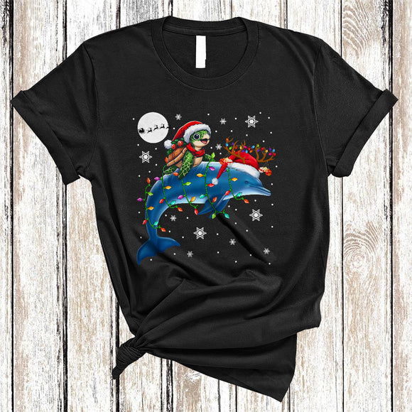 MacnyStore - Turtle Riding Dolphin As Reindeer, Lovely Christmas Animal Snow Around, Santa Turtle Lover T-Shirt