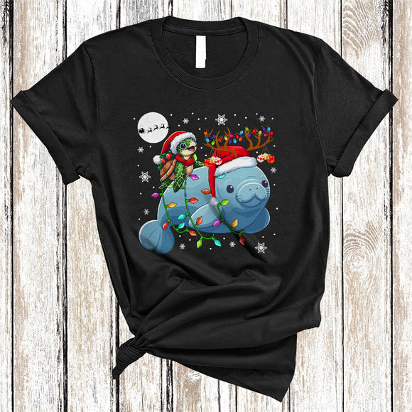 MacnyStore - Turtle Riding Manatee As Reindeer, Lovely Christmas Animal Snow Around, Santa Turtle Lover T-Shirt