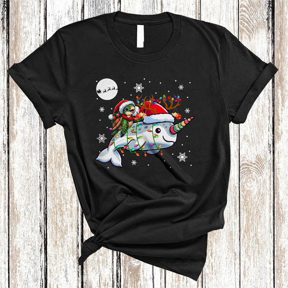 MacnyStore - Turtle Riding Narwhal As Reindeer, Lovely Christmas Animal Snow Around, Santa Turtle Lover T-Shirt