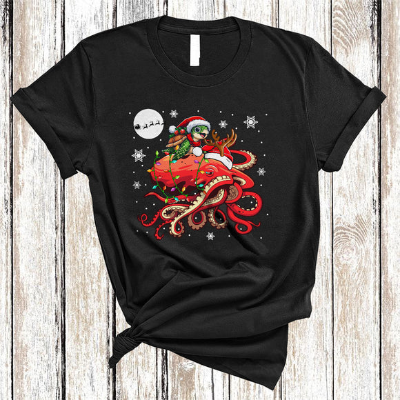 MacnyStore - Turtle Riding Octopus As Reindeer, Lovely Christmas Animal Snow Around, Santa Turtle Lover T-Shirt