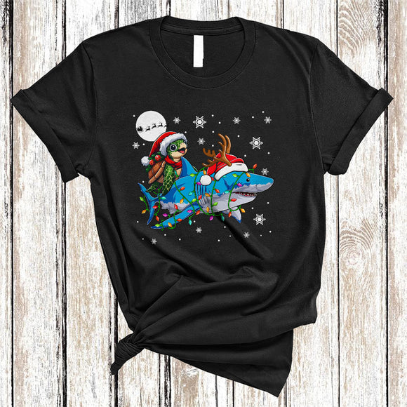 MacnyStore - Turtle Riding Shark As Reindeer, Lovely Christmas Animal Snow Around, Santa Turtle Lover T-Shirt