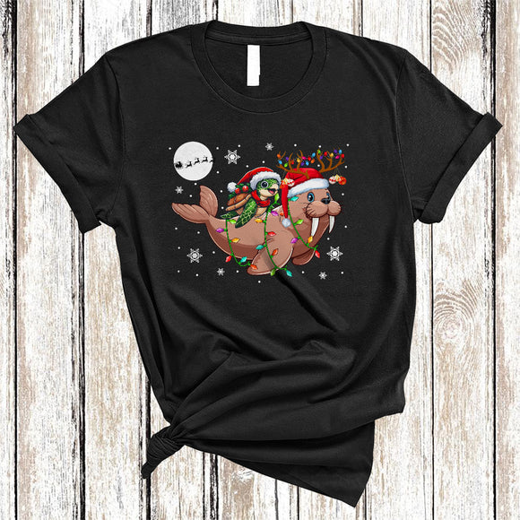 MacnyStore - Turtle Riding Walrus As Reindeer, Lovely Christmas Animal Snow Around, Santa Turtle Lover T-Shirt