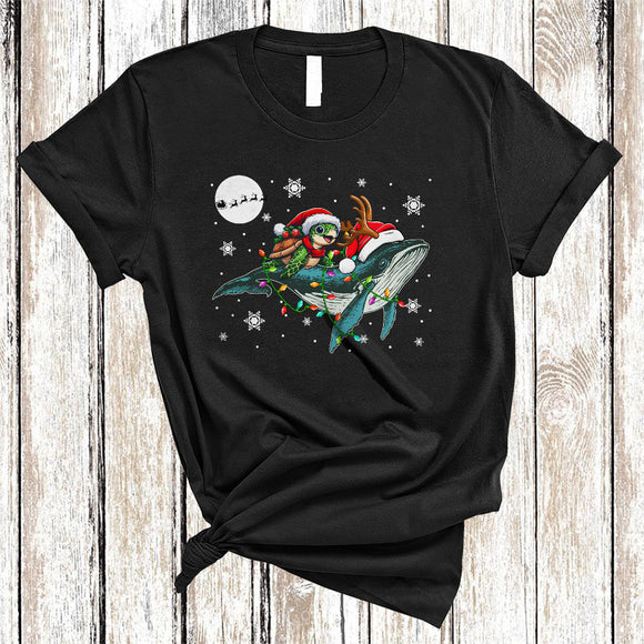 MacnyStore - Turtle Riding Whale As Reindeer, Lovely Christmas Animal Snow Around, Santa Turtle Lover T-Shirt