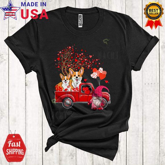 MacnyStore - Two Corgi Dogs On Red Pickup Truck Cute Cool Valentine Heart Tree Gnome Dog Lover T-Shirt