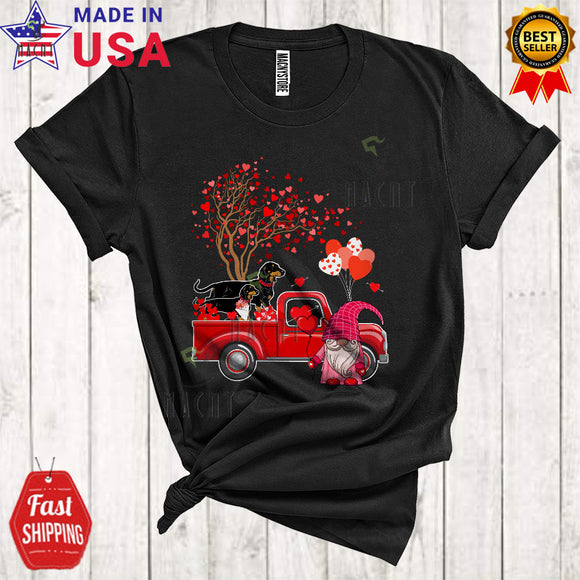 MacnyStore - Two Dachshund Dogs On Red Pickup Truck Cute Cool Valentine Heart Tree Gnome Dog Lover T-Shirt