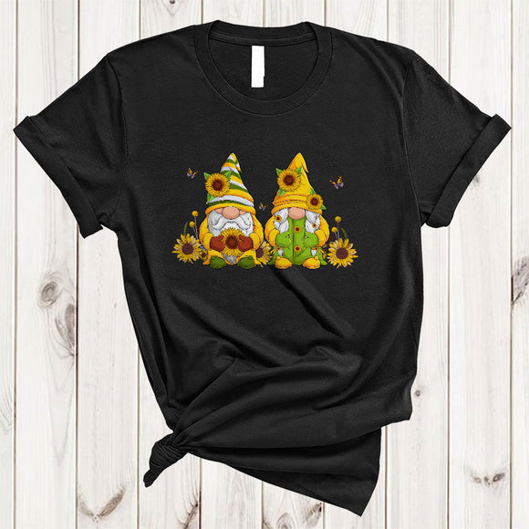 MacnyStore - Two Gnomes With Sunflowers Butterflies, Adorable Gnomes Flowers Sunflower, Family Group T-Shirt