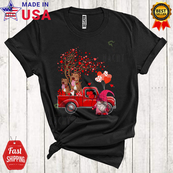 MacnyStore - Two Pit Bull Dogs On Red Pickup Truck Cute Cool Valentine Heart Tree Gnome Dog Lover T-Shirt