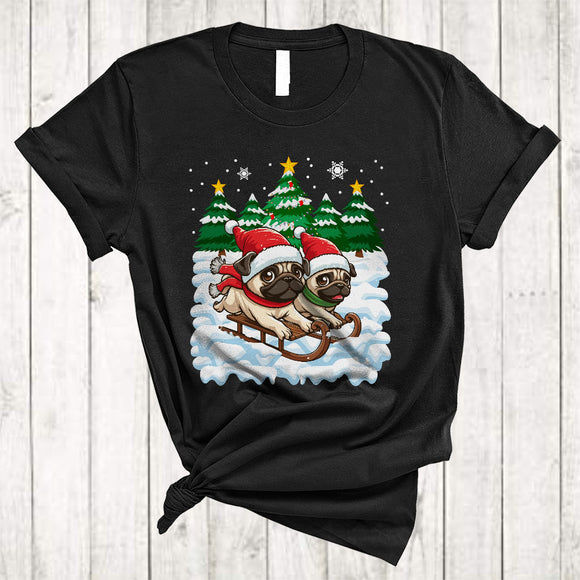 MacnyStore - Two Santa Pug Sleigh, Lovely Merry Christmas Santa Pug Lover, Snow Around X-mas Tree T-Shirt