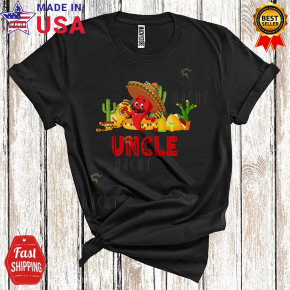 MacnyStore - Uncle Funny Cool Cinco De Mayo Mexican Pride Chili Wearing Sombrero Playing Guitar Family Group T-Shirt