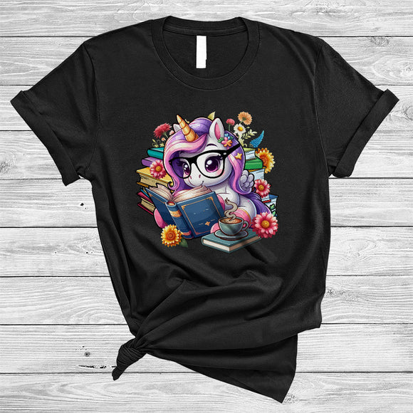 MacnyStore - Unicorn Drinking Coffee And Reading Book, Cute Teacher Librarian, Flowers Floral Book Nerd T-Shirt