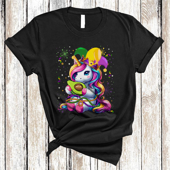 MacnyStore - Unicorn Eating Avocado Jester Hat Beads, Lovely Mardi Gras Avocado Fruit Vegan, Unicorn Lover T-Shirt