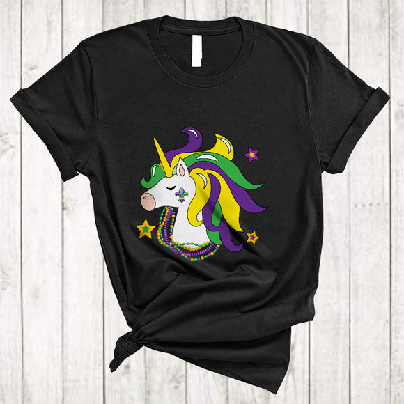 MacnyStore - Unicorn Face Wearing Mardi Gras Beads, Lovely Mardi Gras Unicorn Lover, Parade Group T-Shirt
