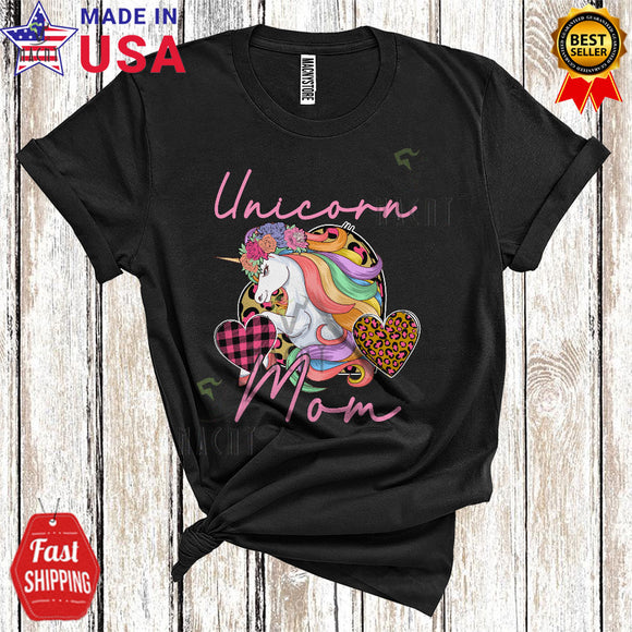 MacnyStore - Unicorn Mom Funny Cool Mother's Day Leopard Plaid Flowers Unicorn Lover T-Shirt