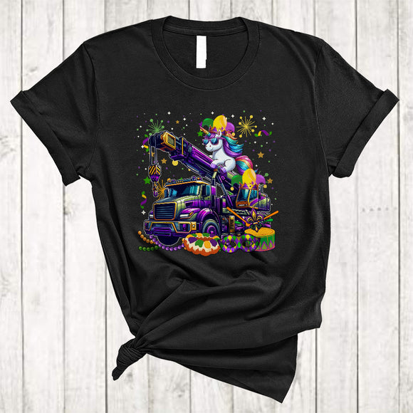 MacnyStore - Unicorn On Mardi Gras Crane Truck, Joyful Mardi Gras Mask Jester Hat Beads, Family Parade Group T-Shirt