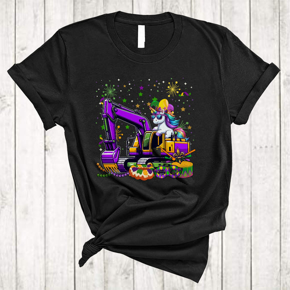 MacnyStore - Unicorn On Mardi Gras Excavator, Joyful Mardi Gras Mask Jester Hat Beads, Family Parade Group T-Shirt