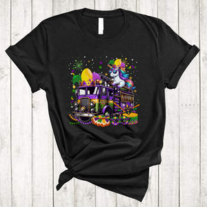 MacnyStore - Unicorn On Mardi Gras Fire Truck, Joyful Mardi Gras Mask Jester Hat Beads, Family Parade Group T-Shirt