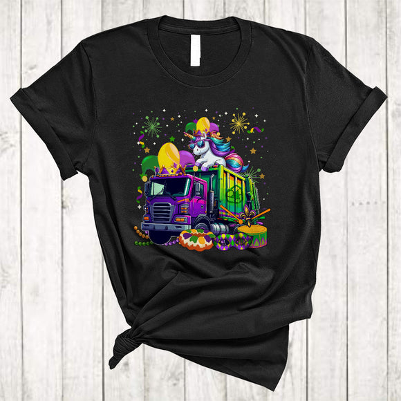 MacnyStore - Unicorn On Mardi Gras Garbage Truck, Joyful Mardi Gras Mask Jester Hat Beads, Family Parade Group T-Shirt