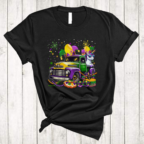 MacnyStore - Unicorn On Mardi Gras Pickup Truck, Joyful Mardi Gras Mask Jester Hat Beads, Family Parade Group T-Shirt