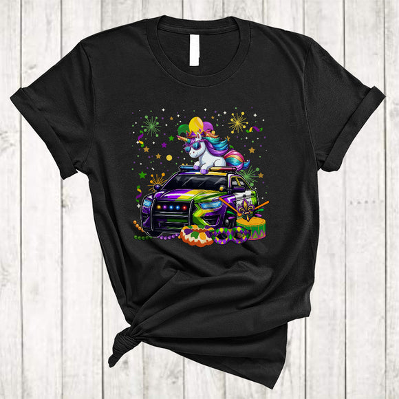 MacnyStore - Unicorn On Mardi Gras Police Car, Joyful Mardi Gras Mask Jester Hat Beads, Family Parade Group T-Shirt