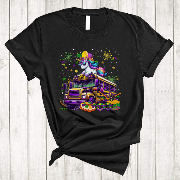 MacnyStore - Unicorn On Mardi Gras School Bus, Joyful Mardi Gras Mask Jester Hat Beads, Family Parade Group T-Shirt