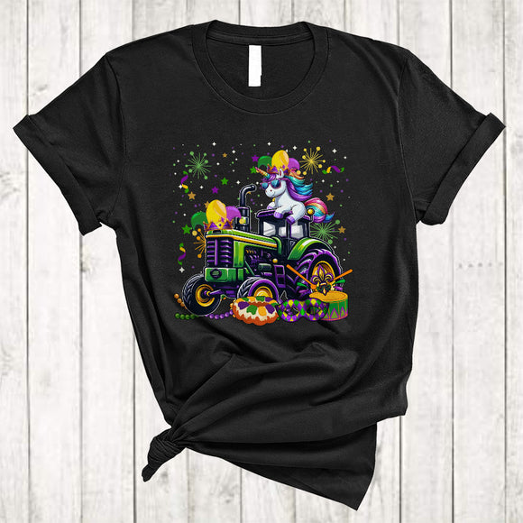 MacnyStore - Unicorn On Mardi Gras Tractor, Joyful Mardi Gras Mask Jester Hat Beads, Family Parade Group T-Shirt