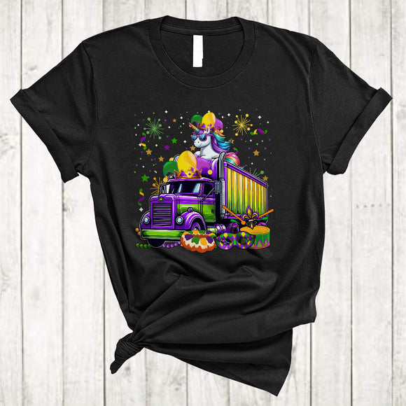 MacnyStore - Unicorn On Mardi Gras Truck, Joyful Mardi Gras Mask Jester Hat Beads, Family Parade Group T-Shirt