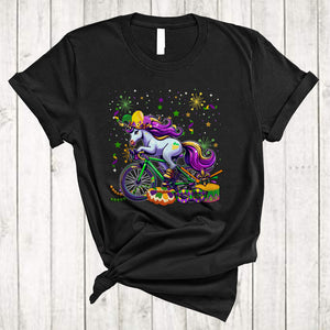 MacnyStore - Unicorn Riding Mardi Gras Bicycle, Joyful Mardi Gras Mask Jester Hat Beads, Family Parade Group T-Shirt