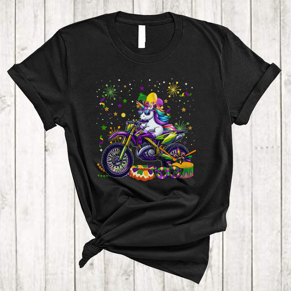 MacnyStore - Unicorn Riding Mardi Gras Dirt Bike, Joyful Mardi Gras Mask Jester Hat Beads, Family Parade Group T-Shirt