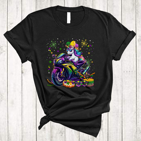 MacnyStore - Unicorn Riding Mardi Gras Motorbike, Joyful Mardi Gras Mask Jester Hat Beads, Family Parade Group T-Shirt
