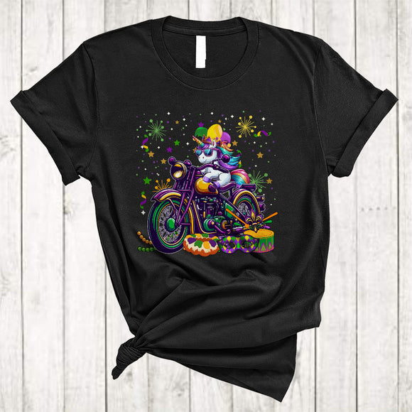MacnyStore - Unicorn Riding Mardi Gras Motorcycle, Joyful Mardi Gras Mask Jester Hat Beads, Family Parade Group T-Shirt