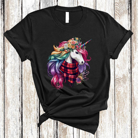MacnyStore - Unicorn Wearing Buffalo Red Plaid Scarf, Lovely Unicorn Wild Animal Lover, Floral Flowers T-Shirt