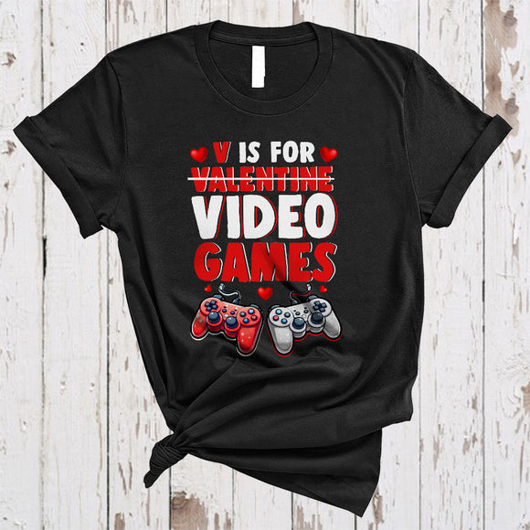 MacnyStore - V Is For Video Games, Humorous Anti Valentine's Day Game Controllers, Gamer Gaming Lover T-Shirt